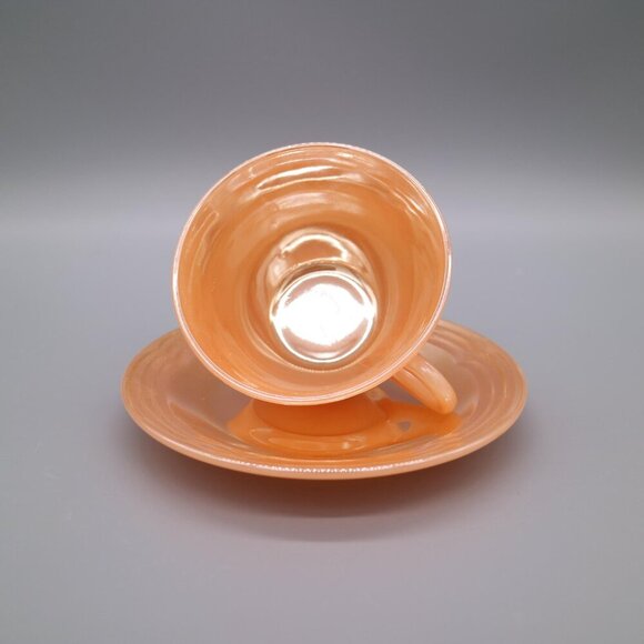 Vintage Anchor Hocking Fire King Peach Lustre Teacup and Saucer Sets Three Ring - Picture 5 of 7